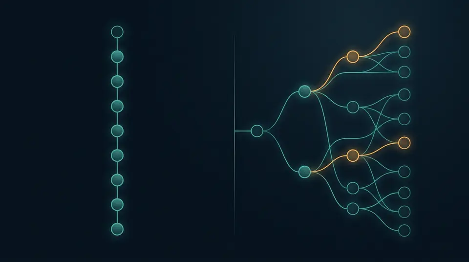 Split illustration comparing a fixed workflow path with an adaptive agent path